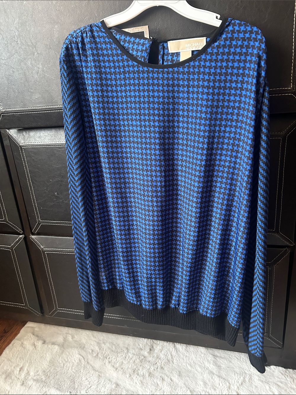 Michael Kors Blue & Black Houndstooth Crewneck Sweater